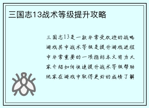 三国志13战术等级提升攻略